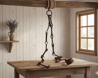 Antique Forged Iron Chain with Hooks, hand forged double chain, barn style decor, primitive pot hanger, rustic wrough iron heavy long chain