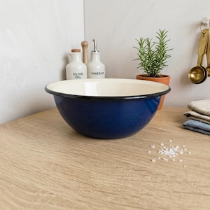 Cuenco vintage esmaltado en azul cobalto, cuenco retro para sopa y cereales, esmaltado industrial rústico, cuenco hondo para mezclar, plato para sopa de camping, cuenco para bayas