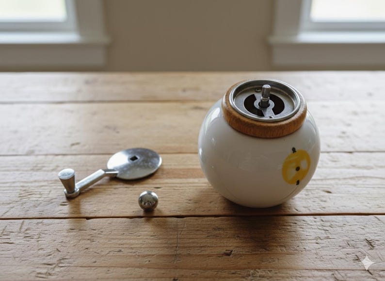 A small, round vintage-style pepper mill with a white porcelain body and a light wooden top. The mill features a subtle yellow geometric graphic on its side and has an exposed metal grinding mechanism at the top. The image is a close-up, showcasing the mill's design and internal structure, resting on a rustic farmhouse wooden table.