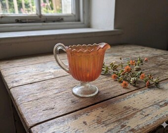 Antique Marigold Carnival Glass Pillar Flute Footed Creamer Iridescent Pressed Depression Glass Milk Jug Art Deco Pedestal Pitcher spout