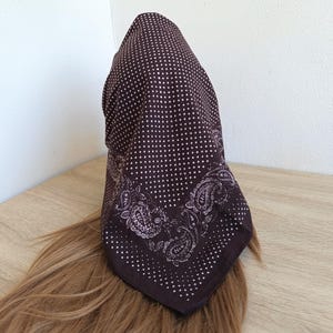 Vintage cotton headscarf, brown scarf with white dots and paisley, women square scarf, summer headband, head covering, slavic hair kerchief