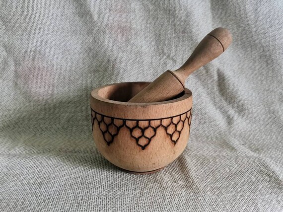 Wooden Antique Pyrographed Mortar and Pestle, Mortar and Pestle