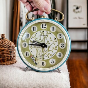 Mechanical alarm clock with handle, Jantar clock with bird, very rare clock, bedside clock, Russian desktop clock, Retro alarm desk clock