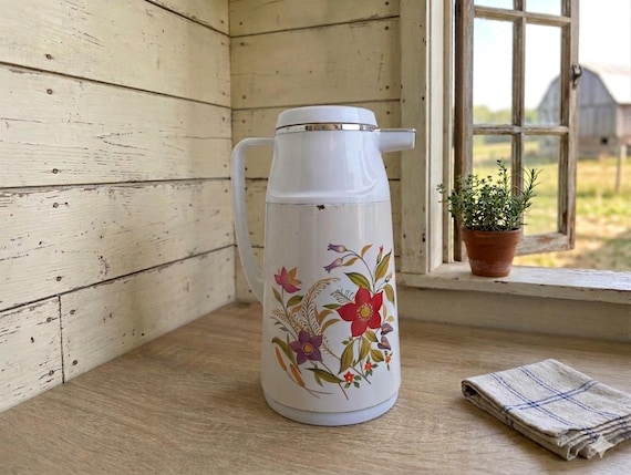 Cream Thermos Jug with Spout, Vintage Vacuum Insulated Coffee Carafe, Thermal Tea Pot and Water Pitcher, Picnic Camping Beverage Dispenser