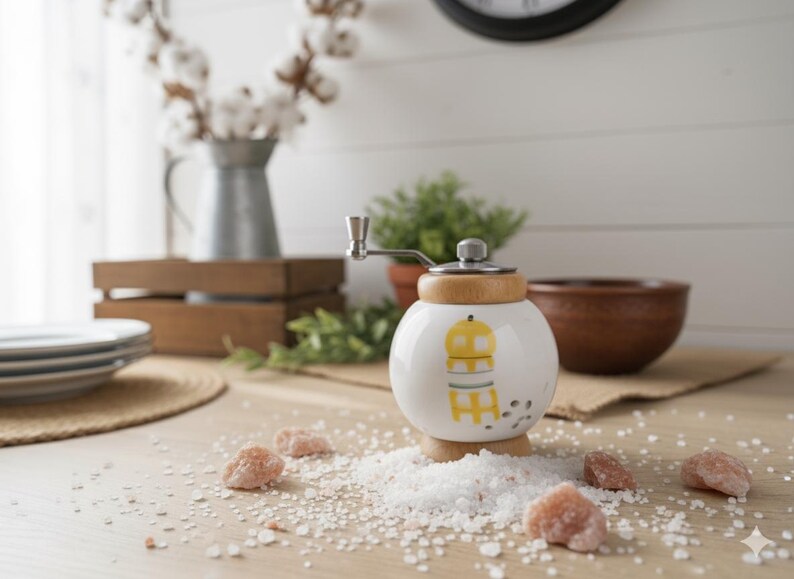 A small, round vintage-style pepper mill with a white porcelain body and a light wooden top. The mill features a subtle yellow geometric graphic on its side and has an exposed metal grinding mechanism at the top. The image is a close-up, showcasing the mill's design and internal structure, resting on a rustic farmhouse wooden table.