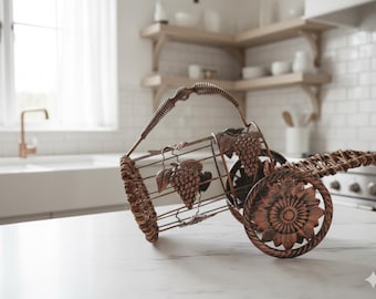 Metalowy i wiklinowy stojak na pojedyncze butelki wina, rustykalny wózek na wino, dekoracja kuchni barowej, prezent w stylu rustykalnym dla miłośników wina