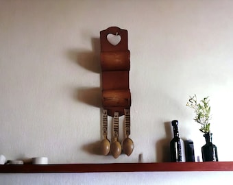 Vintage wooden spice rack with spoons holder, small Spice rack, essential oil Shelf, spice rack, floating Wood shelves, wooden spoon holder