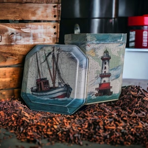 Vintage tin box with marine motifs, loose Tea storage, Tea caddy, Coffee canister, Tea canister, spice rack, chewing tobacco, recipe box