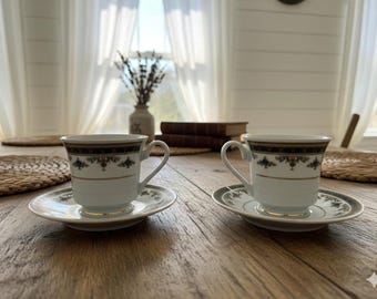 Vintage Gold Rimmed Fine Bone China Espresso Cup and Saucer Set of 2, Elegant Floral Blue and Gold Small Coffee Cups, Afternoon Tea Party