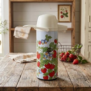 May include: A vintage, cylindrical flask with a white top and a light blue body. The body is decorated with a pattern of red strawberries, green leaves, and blue flowers. The flask is on a rustic wooden table.