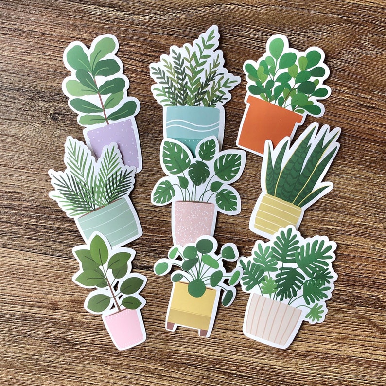 May include: A collection of eight die-cut stickers featuring various green houseplants in colorful pots. The designs include a fiddle leaf fig in a lavender pot, a fern in a teal pot, a leafy plant in an orange pot, and a monstera in a pink pot.