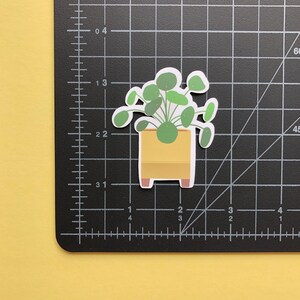 May include: A die-cut sticker featuring a Pilea peperomioides plant with round green leaves in a yellow square pot with small feet. The sticker is placed on a black cutting mat with white grid lines, showing a height of approximately 2.25 inches.
