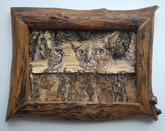 Black kitten and bird. Original painting on birch bark.