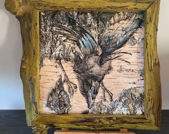 Black Raven Acrylic Painting on Birch Bark, Gothic Home Decor