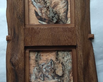 Cat with Kittens Hand Painted animals Fine Art Home Decor Pet Portrait Acrylic on Birch Bark Framed Gift