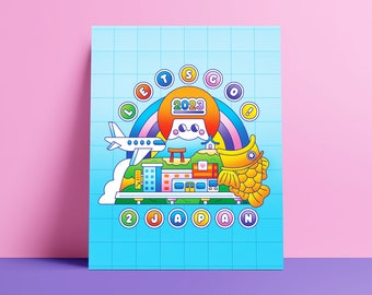 Trip to Japan Art Print | 5 x 7 | Travel | Mount Fuji | Vacation | Kawaiicore | Cute | Colorful | Landscape | Taiyaki Print