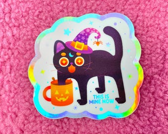 Black Cat Halloween Sticker | Holographic | Witch's familiar | Happy Halloween | Cat lovers | Cat lady | Black cat | Cat drinking coffee