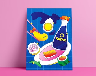 Japanese Sushi Platter Illustrated Art Print.  5x7 Wall Art. Colorful gallery wall art. Shrimp Tempura. Kawaii art. Sushi Lover. Soy Sauce
