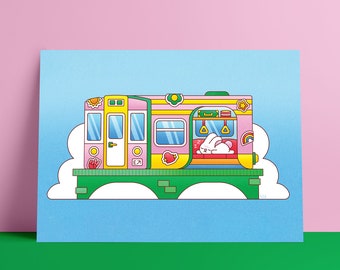 Subway Snooze Art Print | 5 x 7 | Rabbit Lovers | Bunny | Japan | Train | Travel | Gift for travelers | Nap time | Kawaii