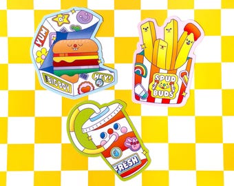 Paquete de pegatinas de comida feliz / Gourmet / Hamburguesa / Comer / Pegatinas de comida / Comida para llevar / Papas fritas / Hamburguesa / Refresco / Comida rápida / Comida rápida