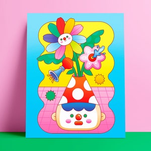 Clown Boyfriend Art Print | Clown Lovers | Funny print | Cute illustrated character | Clowncore | Clown artwork | Circus | Flowers | Bouquet