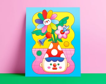 Clown Boyfriend Art Print | Clown Lovers | Funny print | Cute illustrated character | Clowncore | Clown artwork | Circus | Flowers | Bouquet