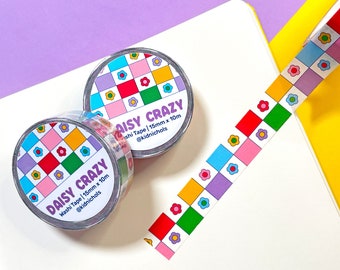 Daisy Crazy Washi Tape | Cute Washi | Flower Power | Pattern | Grid | Rainbow | Planner | Scrapbooking | Back to School | Kawaii Aesthetic