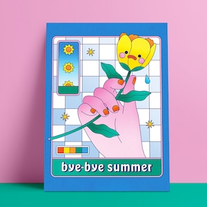 Lámina ilustrada "Adiós Verano". Arte mural de 13x18 cm. Arte mural colorido. Decoración original para el hogar. Arte kawaii. Ilustración de dibujos animados.