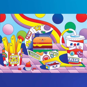 Happiest Meal Art Print | American Food | Hamburger, Fries, and Soft Drink | Art Print | Landscape Print | Colorful Art |  Fine Art