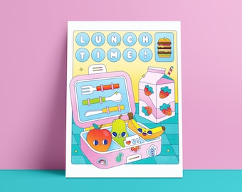 Lunchtime Lunchbox Illustrated Art Print.  5x7 Wall Art. Colorful gallery wall art. Kawaii Fruit. Kawaii art. Foodie. Fruit Art Print