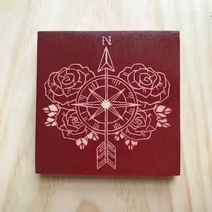 Handmade Wood Etching / Wood Engraving / Compass Rose Wood Art