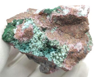 ピンクコバルト方解石とドゥルージーブルークリソコラ、裏面マラカイト