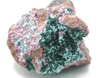 ピンクコバルト方解石とドゥルージーブルークリソコラ、裏面マラカイト