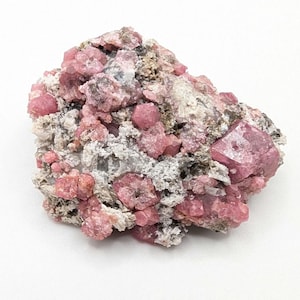 May include: A natural mineral specimen featuring a cluster of pink rhodolite garnet crystals. The crystals are a vibrant pink hue, set against a matrix of gray and white rock. The overall shape is irregular and textured.