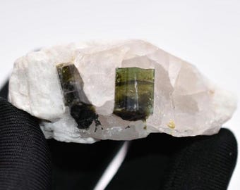 Cristal de turmalina verde de 49 g en matriz - Skardu, Pakistán - Cristal de turmalina natural en cuarzo y feldespato - Muestra mineral