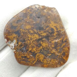 May include: A brown and gold agate stone with a unique pattern. The stone is smooth and polished, with a natural, organic shape.
