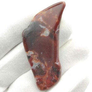 May include: A red, white and black agate gua sha tool with a unique, curved shape.
