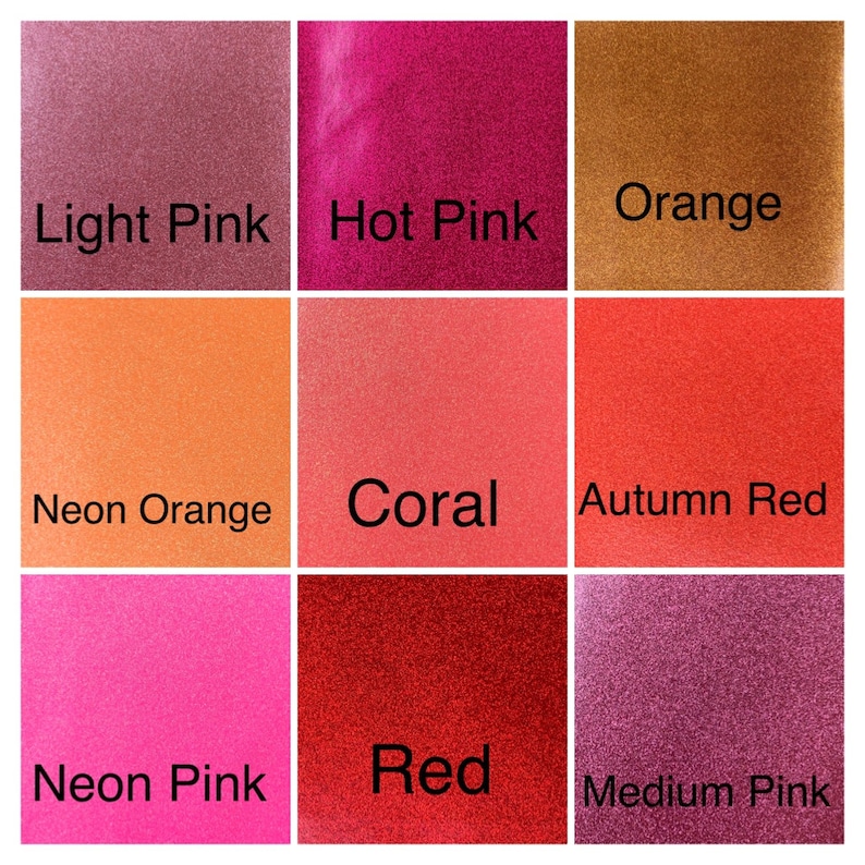 May include: Nine color swatches of glitter paint in various shades of pink, orange, and red. The colors are labeled: Light Pink, Hot Pink, Orange, Neon Orange, Coral, Autumn Red, Neon Pink, Red, and Medium Pink.