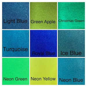 May include: A grid of nine color swatches showing different shades of blue, green, and yellow. The colors are labeled: Light Blue, Green Apple, Christmas Green, Turquoise, Royal Blue, Ice Blue, Neon Green, Neon Yellow, and Neon Blue.