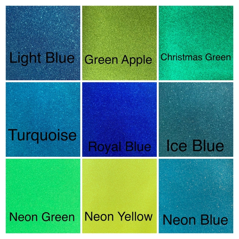 May include: A grid of nine color swatches showing different shades of blue, green, and yellow. The colors are labeled: Light Blue, Green Apple, Christmas Green, Turquoise, Royal Blue, Ice Blue, Neon Green, Neon Yellow, and Neon Blue.