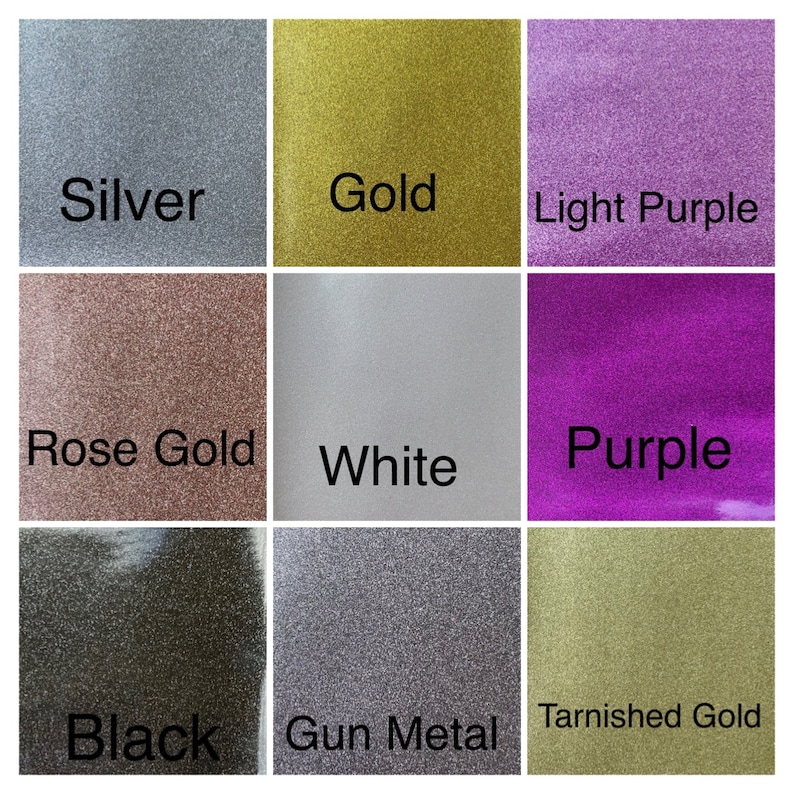 May include: Nine different colors of glitter paper, including silver, gold, light purple, rose gold, white, purple, black, gun metal, and tarnished gold.