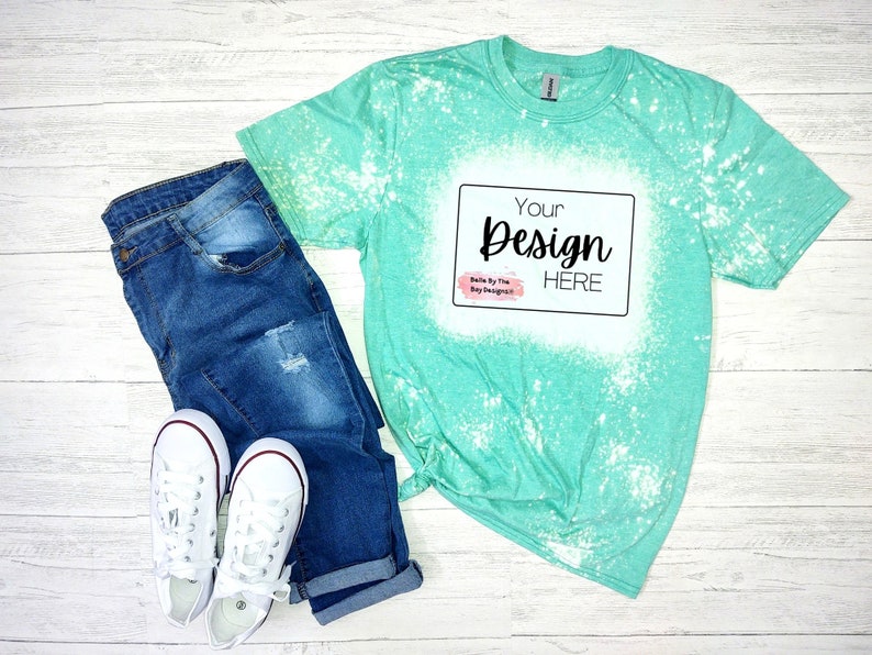 Gildan Softstyle Mockup Bleach Shirt Mockup Heather Seafoam Mockup