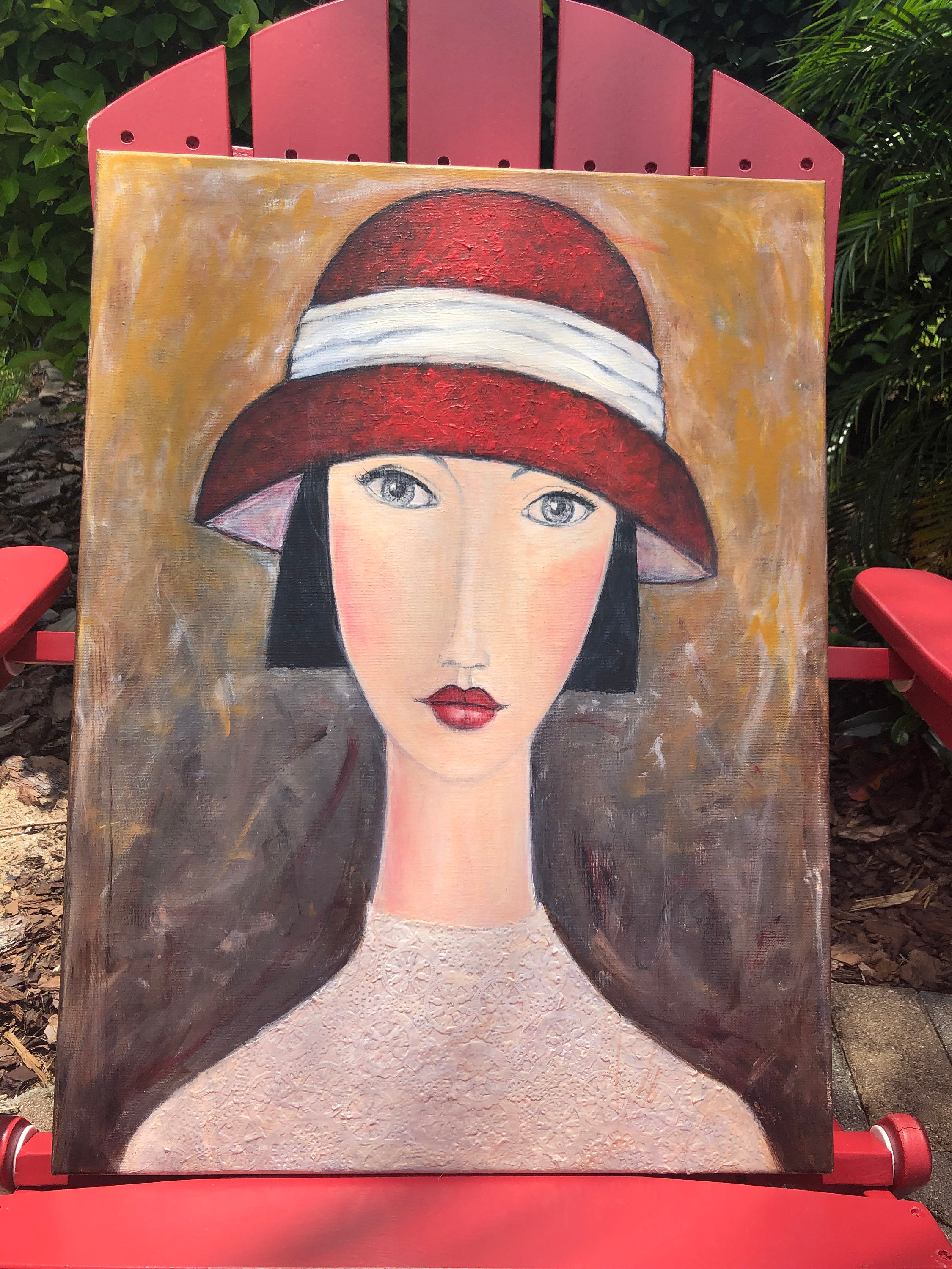 Lady with the Red Hat 18 x 24 Canvas Art Acrylic Painting Etsy