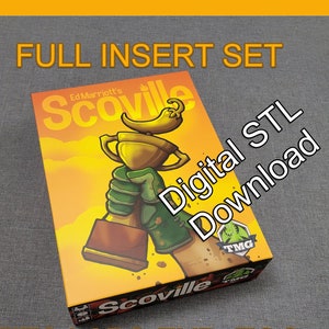May include: A board game box titled "Scoville" with a graphic of a hand holding a trophy with a chili pepper on top. Text on the box includes "Full Insert Set" and "Fits Labs Exp. Too." The words "Digital STL Download" are also visible.