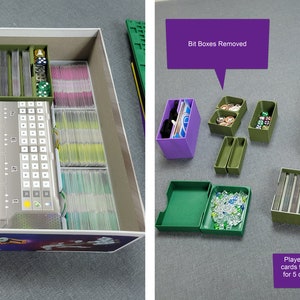 May include: A board game box with compartments and inserts in green, purple, and grey. The box holds cards, dice, and game components. Text on the image reads "Bit Boxes Removed" and "Player starter cards. Spaceship Point cards for table, and Pre deployed cards for 5 or more players. Also extra Dice Storage."