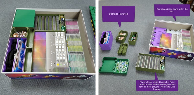 May include: A board game box with compartments and inserts in green, purple, and grey. The box holds cards, dice, and game components. Text on the image reads "Bit Boxes Removed" and "Player starter cards. Spaceship Point cards for table, and Pre deployed cards for 5 or more players. Also extra Dice Storage."
