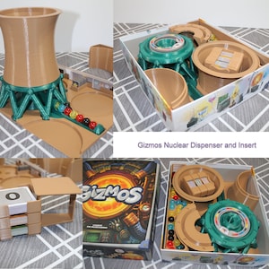 May include: A board game set with a nuclear power plant theme. The set includes a brown and green dispenser, game box, and insert. The game box features the game title "Gizmos" and a graphic of a nuclear reactor.
