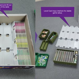 May include: Board game storage solution with purple, grey, and green elements. The box includes card trays, player boards, and other game pieces. Text on the image reads "Remove Player Board and lift out items for centre of the table setup" and "Level Card trays interlock for stable game setup."
