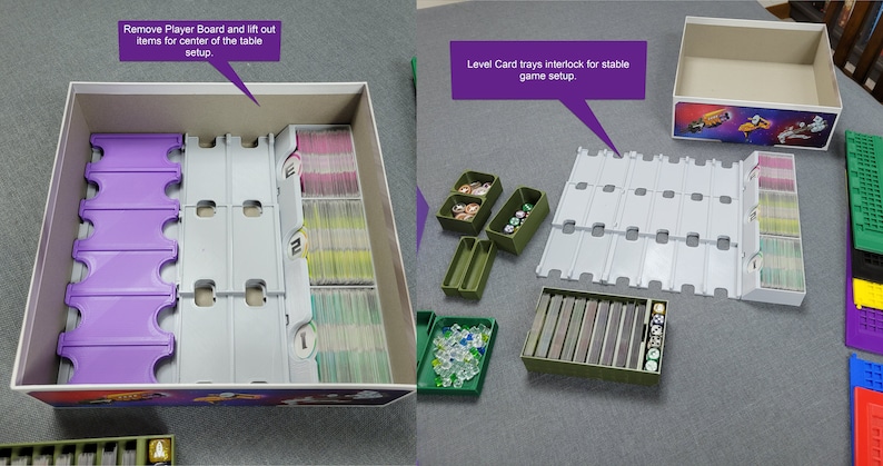May include: Board game storage solution with purple, grey, and green elements. The box includes card trays, player boards, and other game pieces. Text on the image reads "Remove Player Board and lift out items for centre of the table setup" and "Level Card trays interlock for stable game setup."