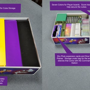 May include: A board game organiser with several compartments in green, yellow, purple, and black. It features bit boxes, a lid for cube storage, and space for cards and dice. Also included are seven colour player boards and score track templates.